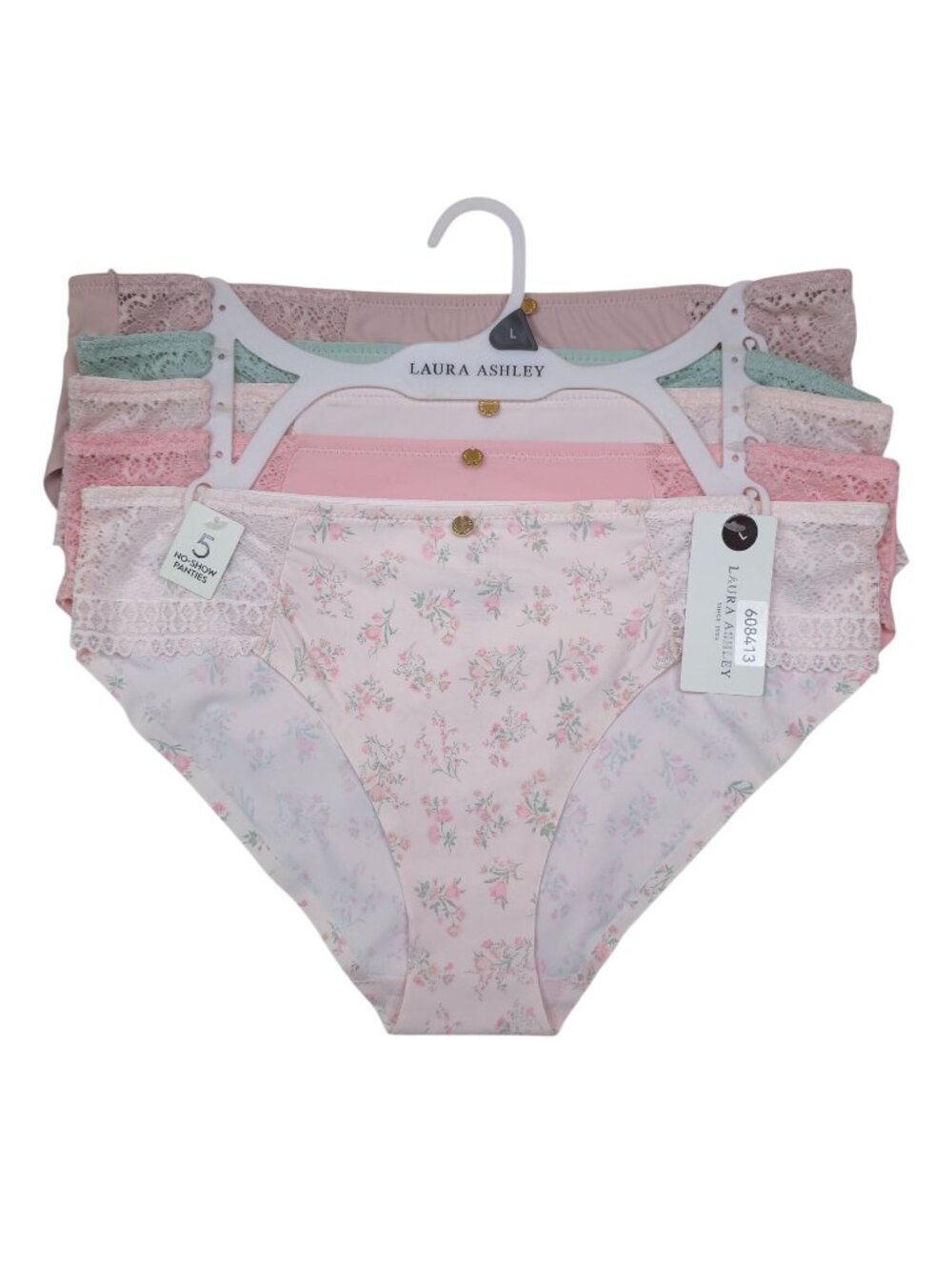 Laura Ashley Womens L 5-Pack No-Show Panties Lace Trim Pink & Green